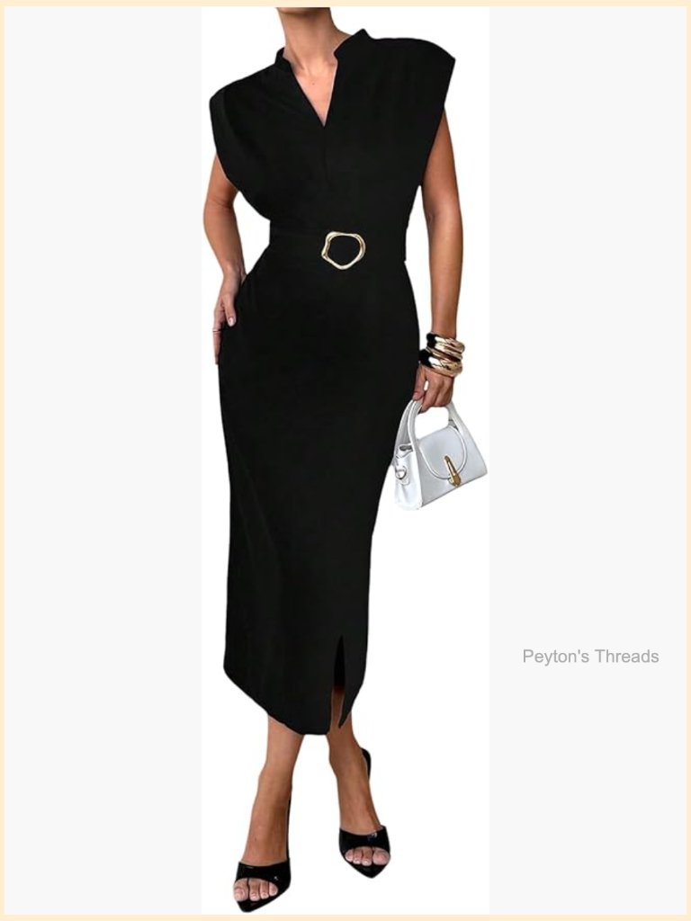 Bodycon Midi Dress V Neck Cap Sleeve Slit Formal Cocktail Dresses
